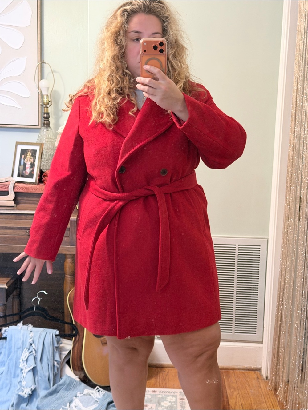 DKNY Red Double-Breasted Belted Trench Coat